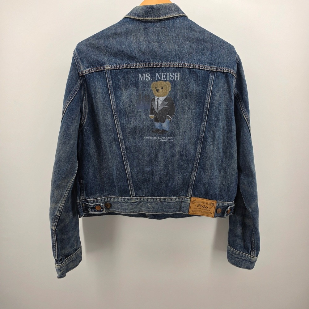 Polo Ralph Lauren Womens Denim Trucker Jacket XL Blue Polo Bear Graphic Print